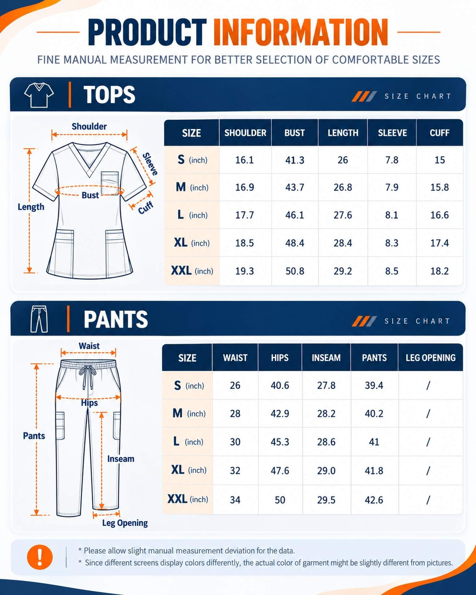 Scrubs Yaahl size guide for tops and pants