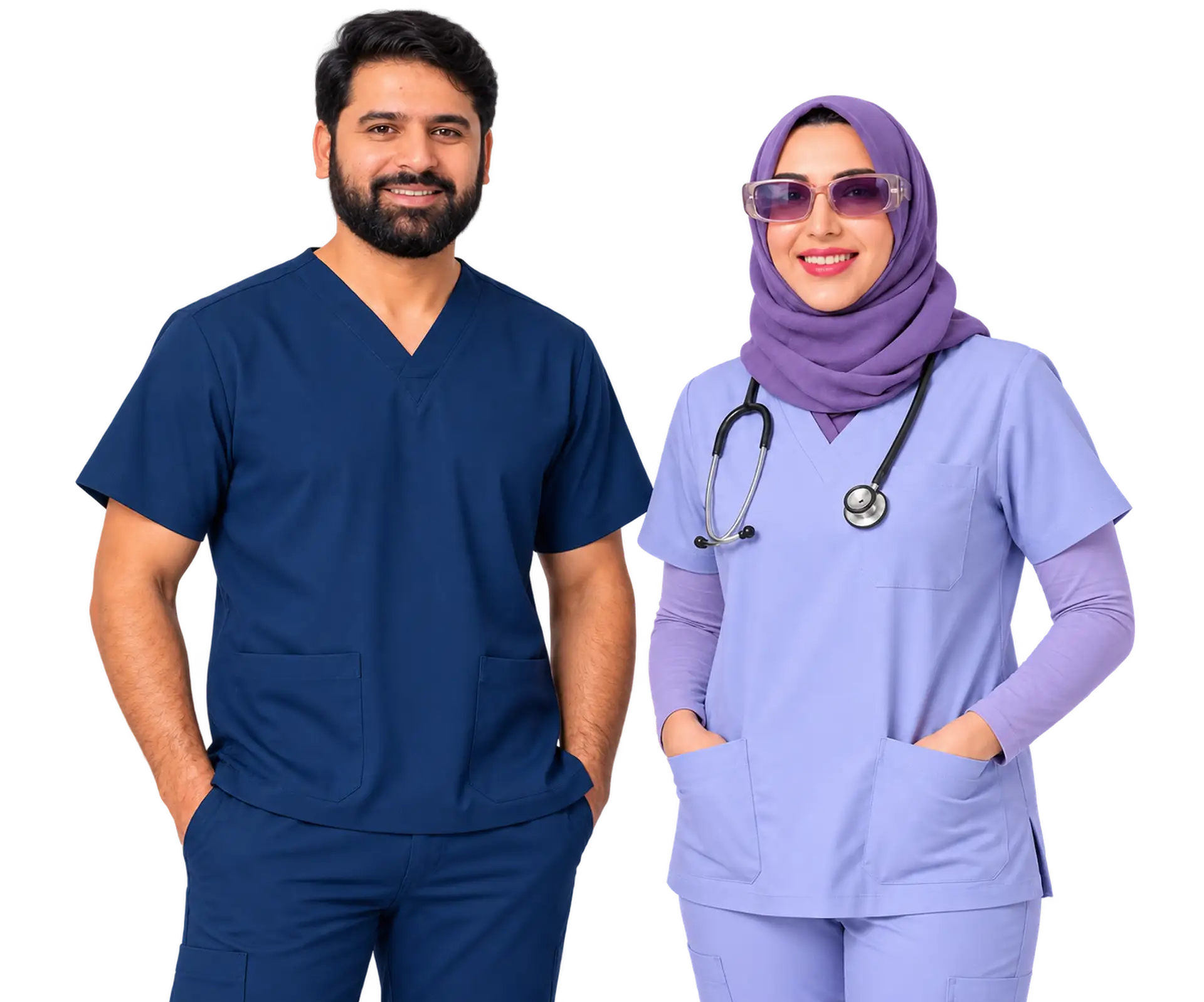 Healthcare team in premium scrubs and white coat