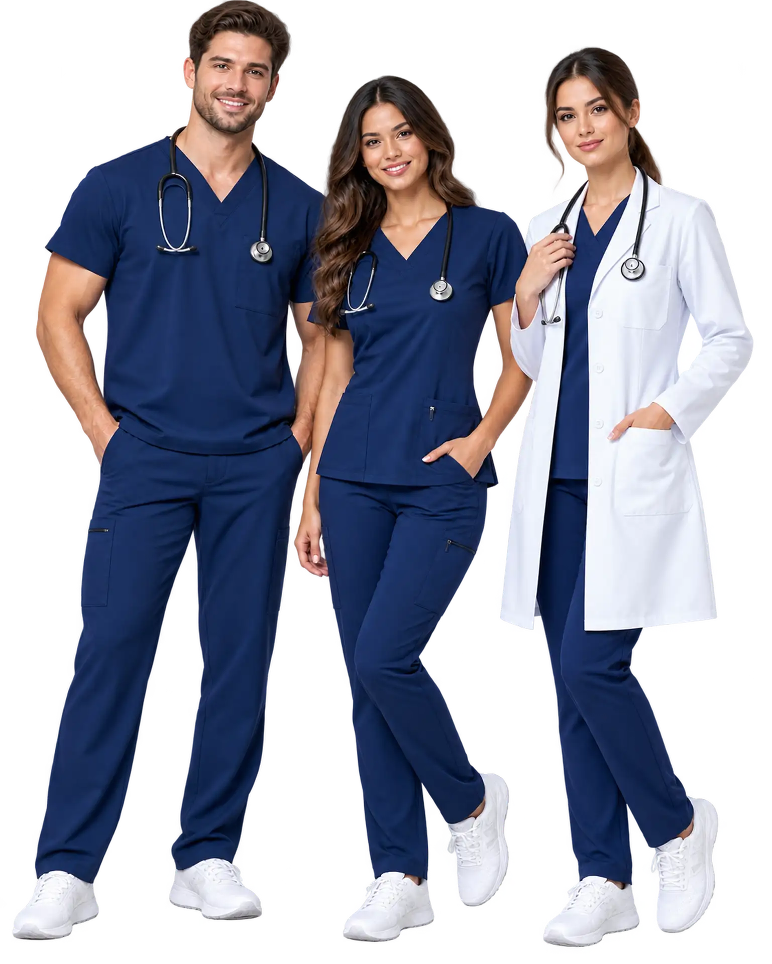 Healthcare professionals wearing premium navy medical scrubs